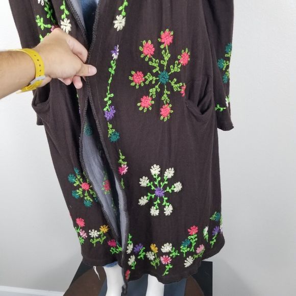 Biya Johnny Was Brown Floral Embroidered Waterfall Long Brown Cardigan Size M - Picture 5 of 15
